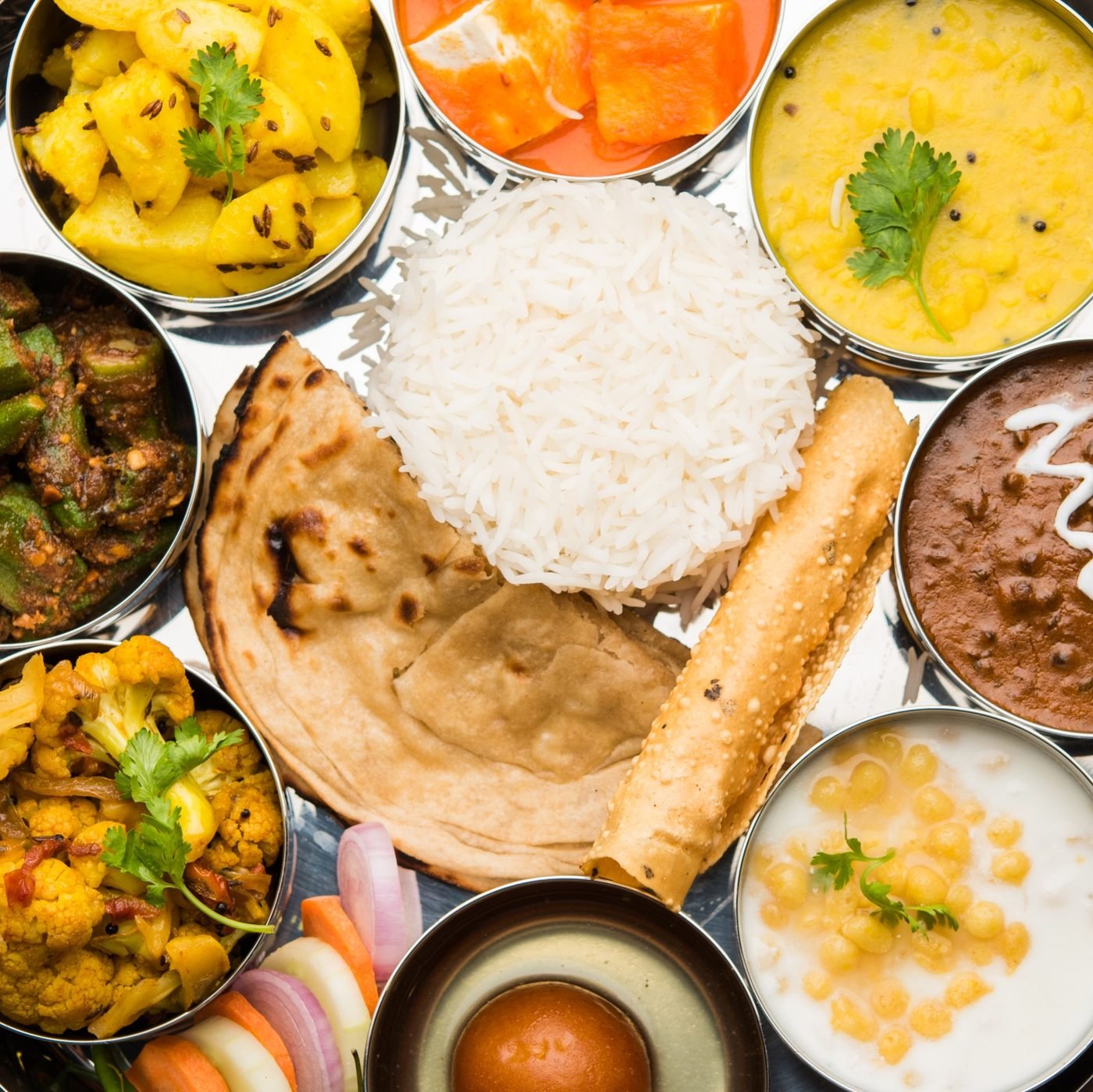 Maharashtrian veg thali with sabji, amti, bhakri and solkadhi